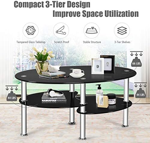 S AFSTAR Glass Coffee Table, 3-Tier Modern Oval Smooth Glass Tea Table Center - Image 3
