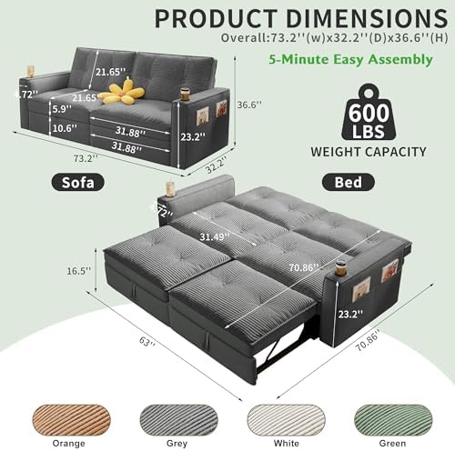 73.2'' Sleeper Sofa Full Size, Pre-Assembled Corduroy Futon - Image 2