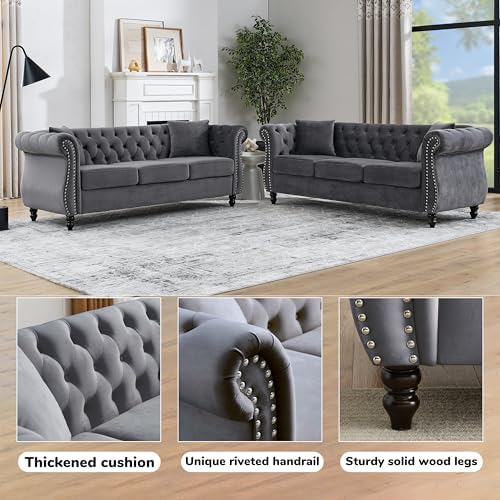 2 Piece Modern Grey Velvet 80" 3-Seater Sofa Sets, Upholstered Tufted Backrests - Image 4