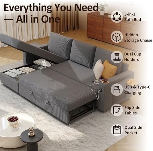 Ball & Cast 80" Sectional Sleeper Sofa Bed Pull Out Couches - Image 3