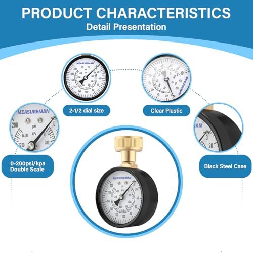 MEASUREMAN 2-1/2'' Water Pressure Test Gauge, 0-200 Psi, 3/4" Female Garden - Image 2