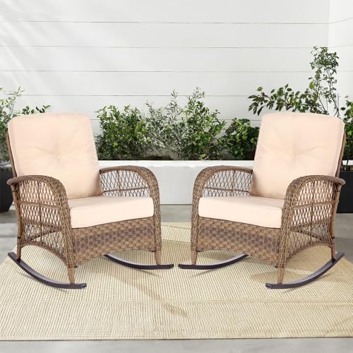 MEETWARM Outdoor Wicker Rocking Chairs Set of 2, Rattan Patio Rocker Chairs by MEETWARM