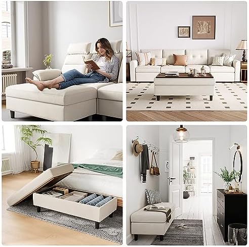 LINSY HOME 46 Inches Wide Storage Ottoman Bench, Linen Coffee Table Folding - Image 5