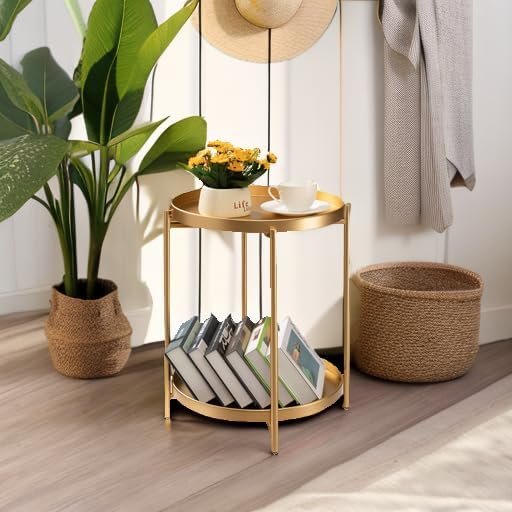 TeoKJ 2 Tier Gold Side Table, Folding Round Metal End Table Small Nightstand - Image 5