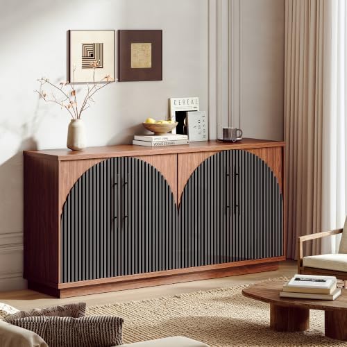 65" Buffet Cabinet with Storage, Fluted Sideboard Cabinet with 4 Arched Doors & - Image 3