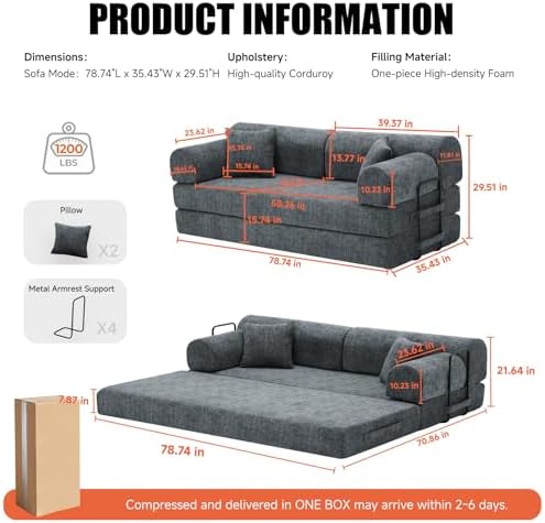79" Memory Foam Sofa Bed, High Backrest Convertible Futon Boneless Couch - Image 2