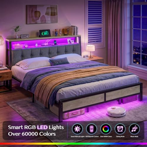 Homkdom King Bed Frame with Upholstered Headboard & Charging Station - Image 6
