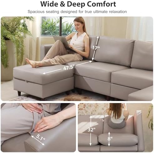 ABCASA Oversized Modular Sectional Sofa, 118.5" Faux Leather 6 Seater U Shaped - Image 6