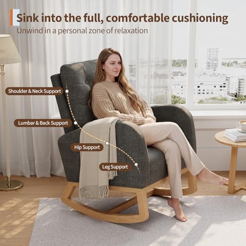 GarveeHome Nursery Rocking Chair, Linen Fabric Upholstery, Sturdy Wooden Legs & - Image 3