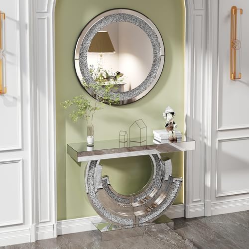 3C-Shaped Silver Mirrored Console Table and Round Wall Mirror Set, 2 Piece by Unknown