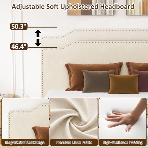 Queen Size Bed Frame with Upholstered Headboard, Platform Bed with Velvet - Image 3
