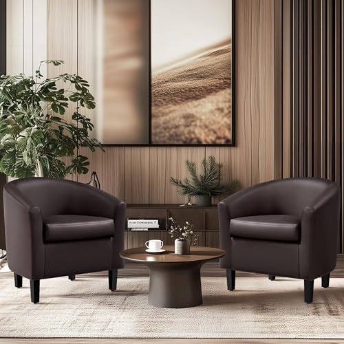 Yaheetech Accent Chairs Set of 2, Faux Leather Barrel Armchairs Espresso - Image 4