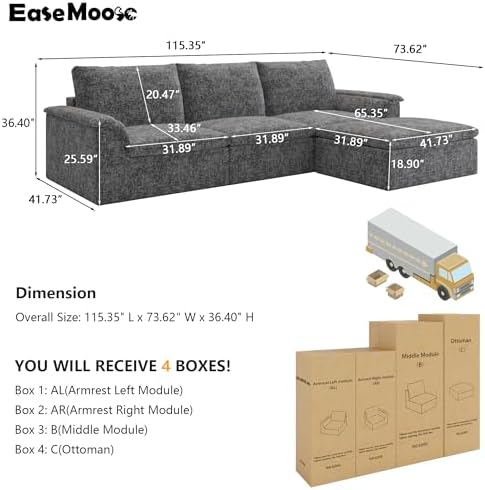 EASE MOOSE 115" L Shaped Boneless Couches, Cloud Modular Sectional Sofa - Image 2