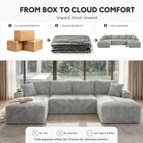 133" Modular Sectional Sofa, U-Shaped Boneless Couch, Light Grey - Image 5