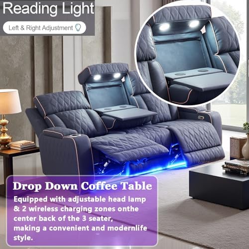 Power Reclining Sofa Set with LED Light, Sandad Leather Sectional Sofa and - Image 6