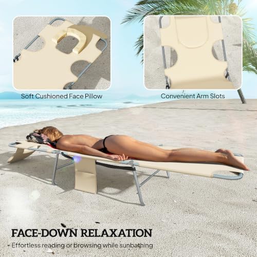 Outsunny Chaise Lounge Chair Outdoor Set of 2 w/Face Arm Hole Beige - Image 5