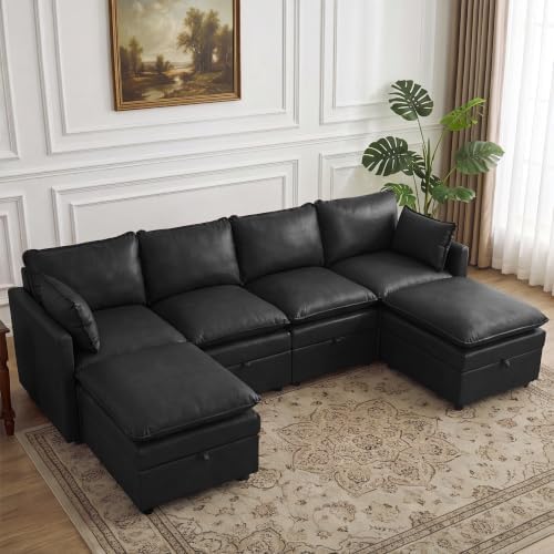 105" Black Faux Leather Storage 4 Seater Sofa by Abbrevi