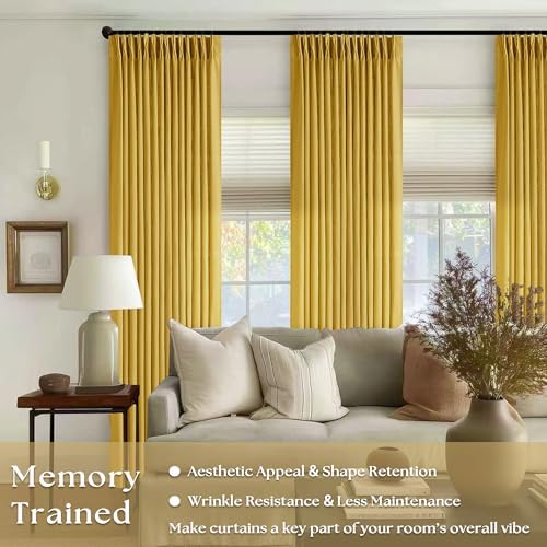 Mustard Yellow Pleated Semi Sheer Linen Curtains 96 Inches Long 2 Panel Set - Image 2