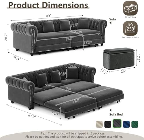 89" Velvet Pull-Out Chesterfield King Sleeper Sofa Bed - Image 2