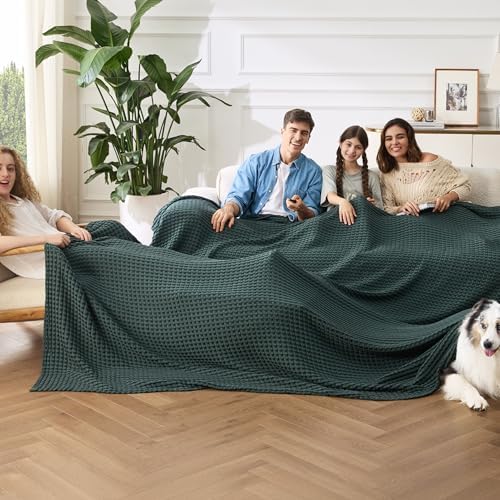 Bedsure Cooling Waffle Blanket for Hot Sleepers, Dark Green, Oversized King - Image 2