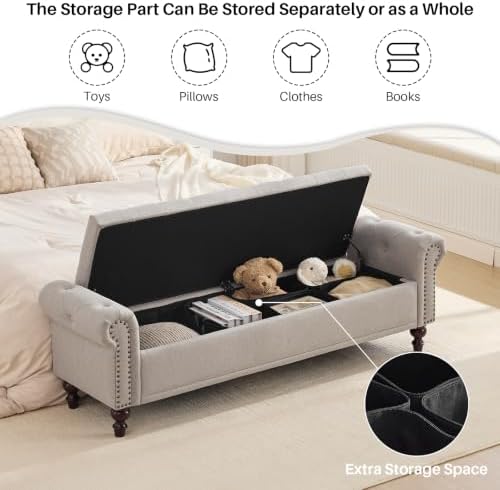 SOFTHION 67" Storage Bench for Bedroom, Linen Upholstered, Light Brown - Image 6