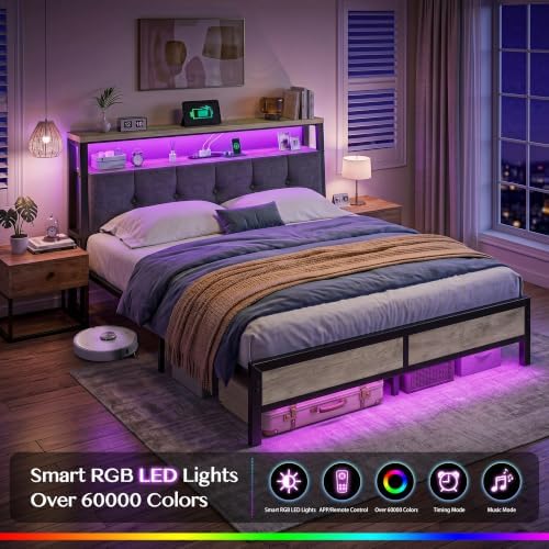 Homkdom Queen Bed Frame with Upholstered Headboard & Charging Station - Image 7
