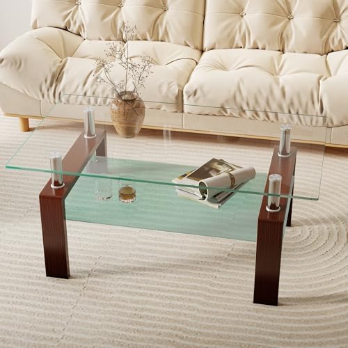 IANIYA Black Walnut Rectangle Tempered Glass Coffee Table Metal Tube Legs End - Image 4
