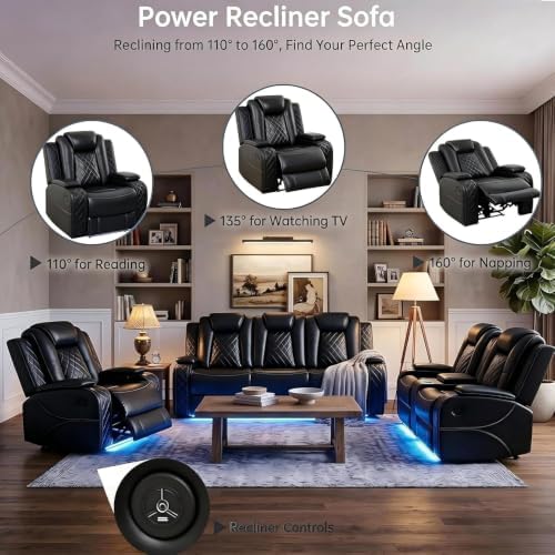 3-Piece Power Recliner Sofa Set, 2 Reclining Sofas & Recliner Chair - Image 4
