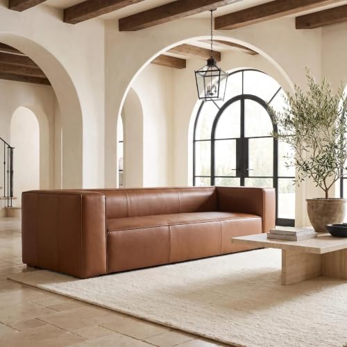 90.94-Inch Cognac Tan Faux Leather Sofa, Modern 3-Seater Couch - Image 2