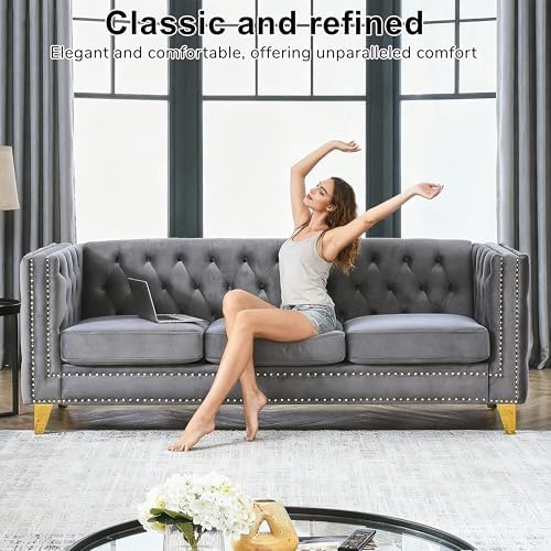 2 Piece 81" 3-Seater + 58" Loveseat Velvet Sofa Set, Buttons Tufted and Square - Image 5
