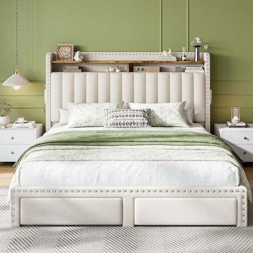 EnHomee Queen Bed Frame with 2 Drawers & 2-Tier Storage Headboard Shelf - Image 5