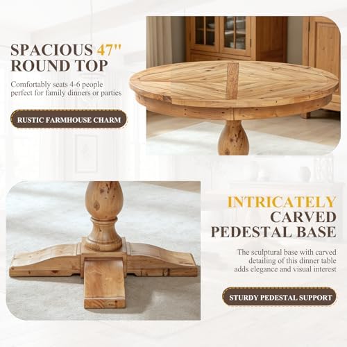 47" Round Dining Table with Wooden Pedestal Base, Reclaimed Pine Wood Dinner - Image 3