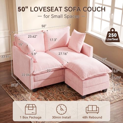 50" Love Seat with Ottoman, Small L Shape Cloud Sofa Couch, 2-Layer Cushion & - Image 2