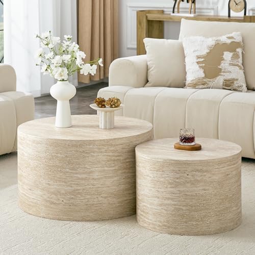 LKTART Travertine Round Nesting Coffee Table Set of 2 by LKTART