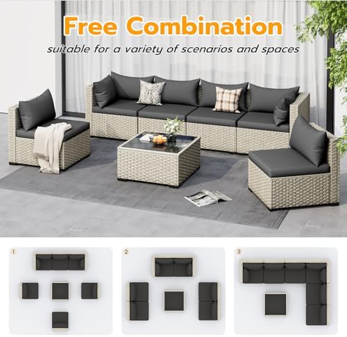 UDPATIO Outdoor Patio Furniture Set 7 Pcs Wicker Sectional Sofa Black - Image 5