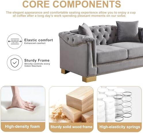 62" Chesterfield Loveseat Grey Velvet Combination Sofa, 2 Cushion Classic 6.5" - Image 4