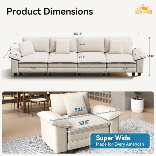 SUNSHINE VALLEY 157.5" 4-Seat Straight Modular Cloud Couch Sectional Sofa - Image 2