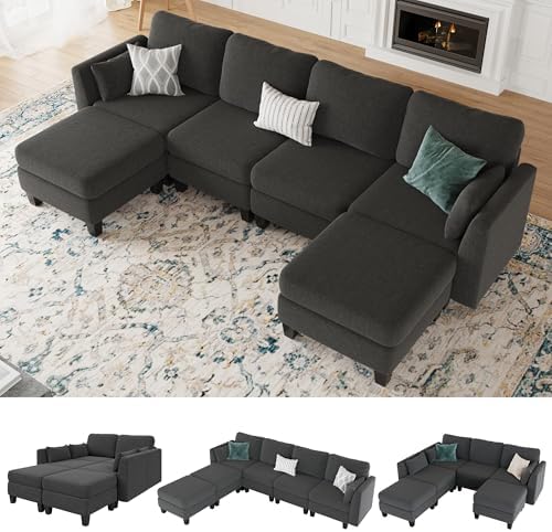 Modular Sectional Sofa, 6 Seat Modular Sleeper Sofa Couch, Dark Grey by Mangodan