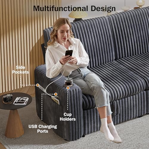 Sunny Heart 101" Plush Corduroy L Shaped Sectional Sleeper Sofa Bed - Image 4