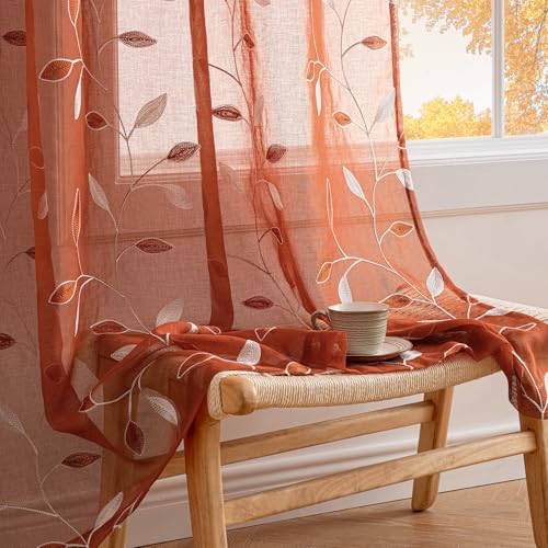 MIULEE Terracotta Sheer Fall Curtains 2 Panels Leaf Patterned, W52 x L45 - Image 2