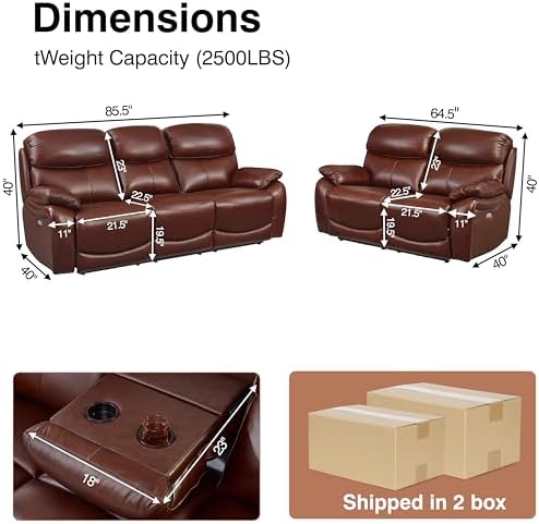Brown Top Grain Leather Power Recliner Sofa Loveseat Set - Image 2