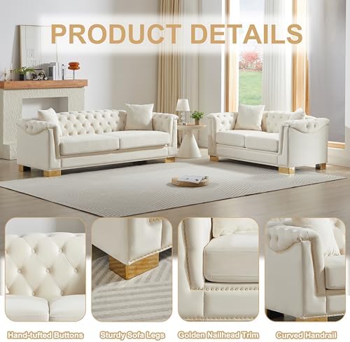 2 Pieces Chesterfield 84" 3-Seater + 62" Loveseat Beige Velvet Sofa Sets - Image 4