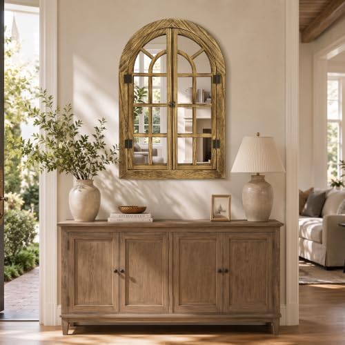 Dorlicecass Natural Wood Arched Wall Decor Window Mirror 24"x36" Single - Image 6