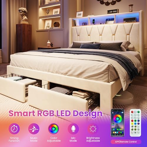 SHA CERLIN Queen Bed Frame, 2 Storage Drawers & 2-Tier Storage Headboard - Image 4