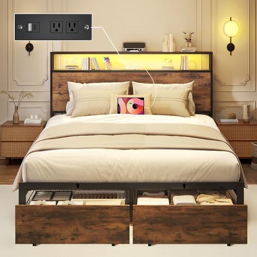 Full Bed Frame with Charging Station, LED Lights, 2 Drawers, Rustic Brown by Lifezone