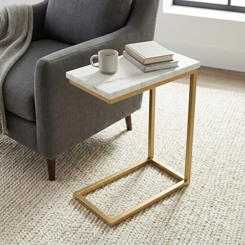 SIMPLIHOME Skyler 18" Deep Iron C-Side Table in Satin Gold/White Marble - Image 3