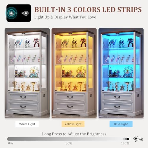 TAGELIER Display Cabinet with Glass Doors and LED Lights, 2 Drawers - Image 3