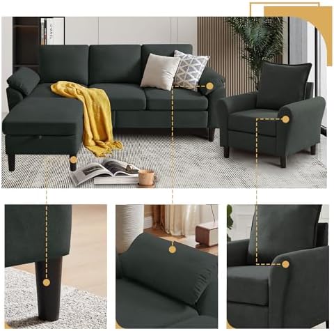 Convertible Sectional Sofa Set, Linen Upholstered 3 Seat Sofa and 35" Accent - Image 4