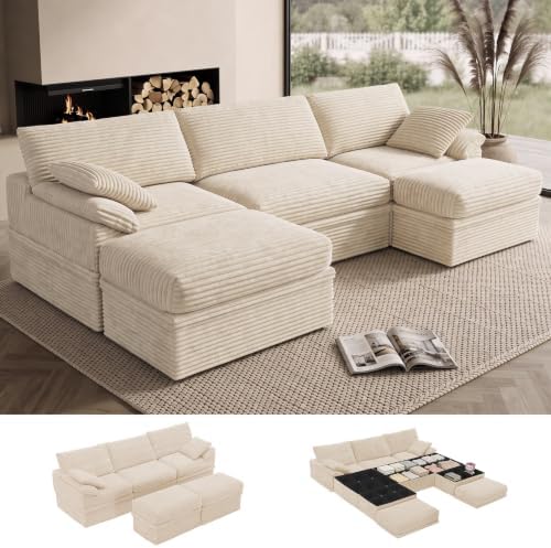 107" Boneless Couch with Storage, 48.6" Extra Deep-High Seat Modular Sectional by LOOFRA