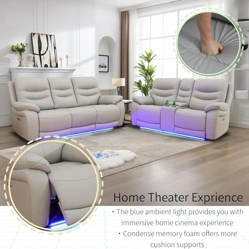 Power Recliner Sofa Set with LED Lights, Air Leather Reclining Sofa with Charge - Image 5